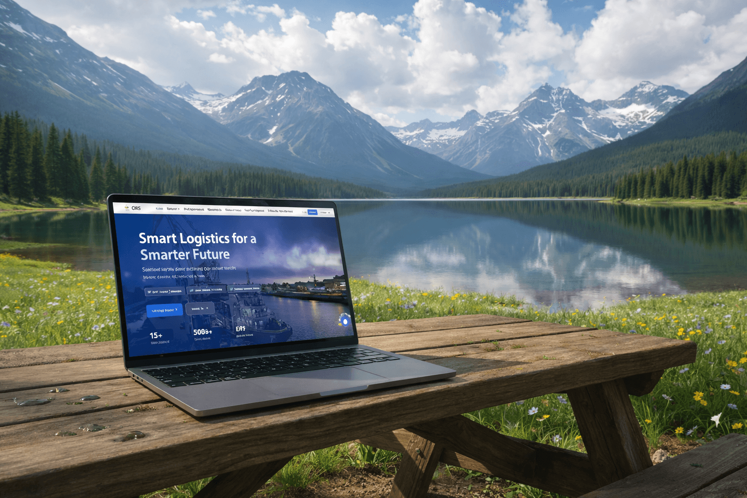 Laptop in mountain landscape